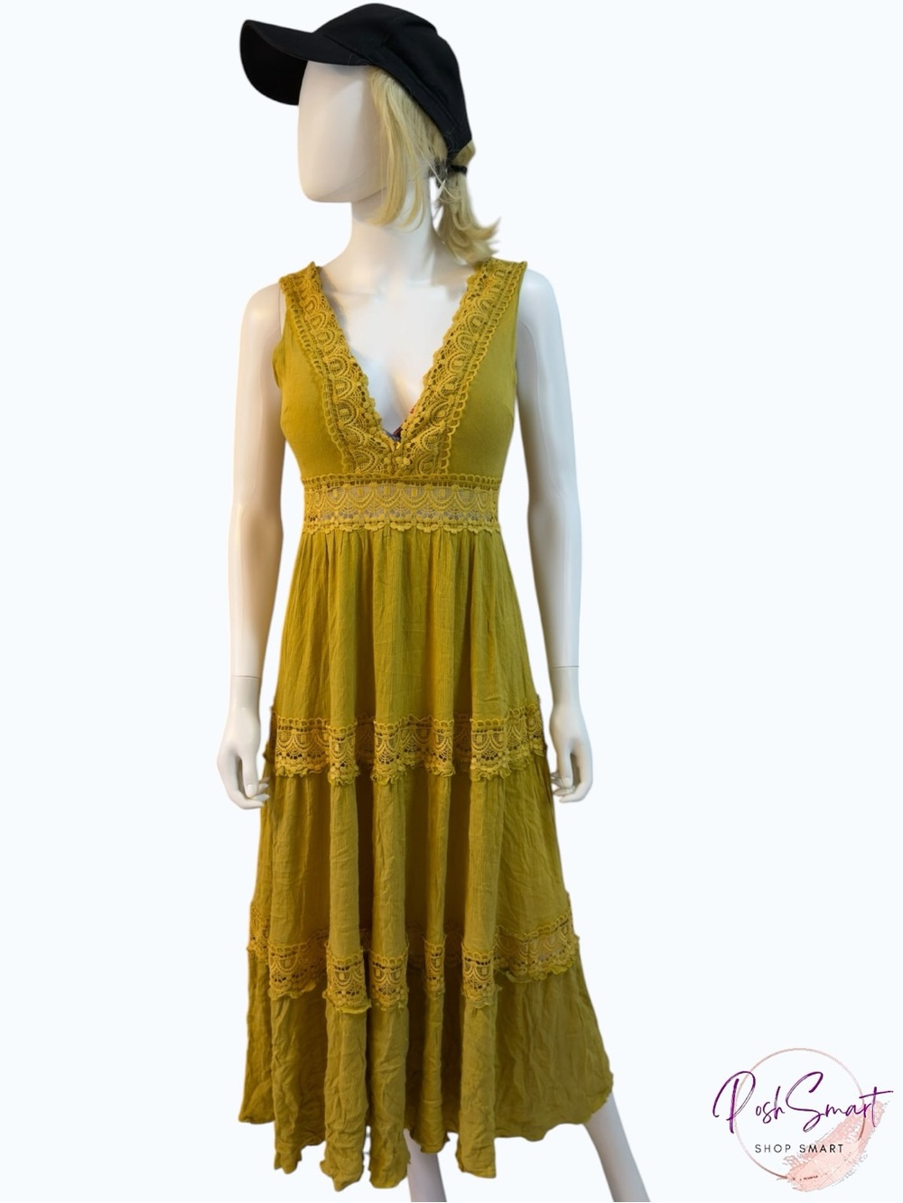 Forever 21 Mustard Yellow Crochet Lace Tiered Boho Midi Dress | Size M